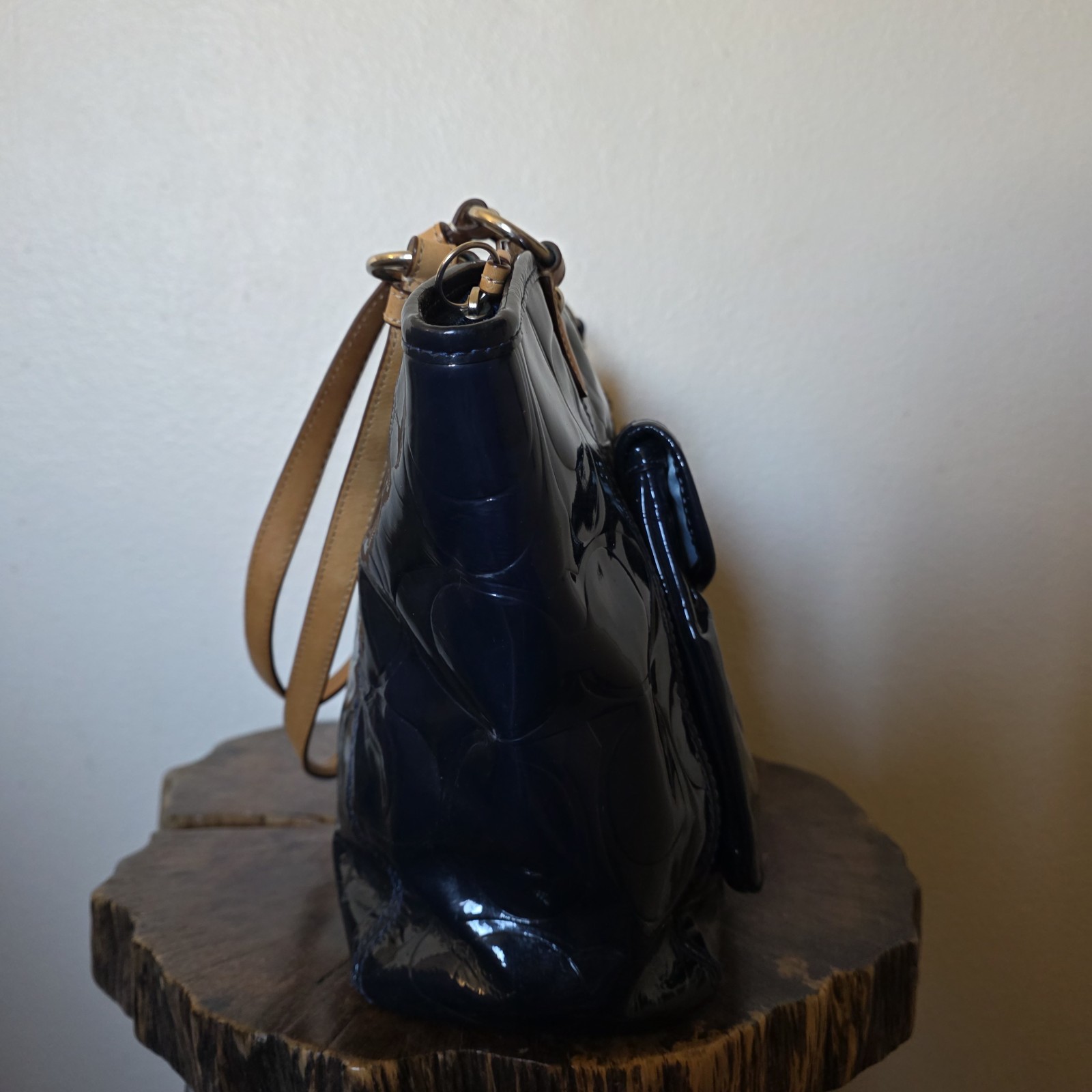 Coach Leah Navy Blue Patent Leather Tote Bag F14663 Embossed Logo Turnlock Large