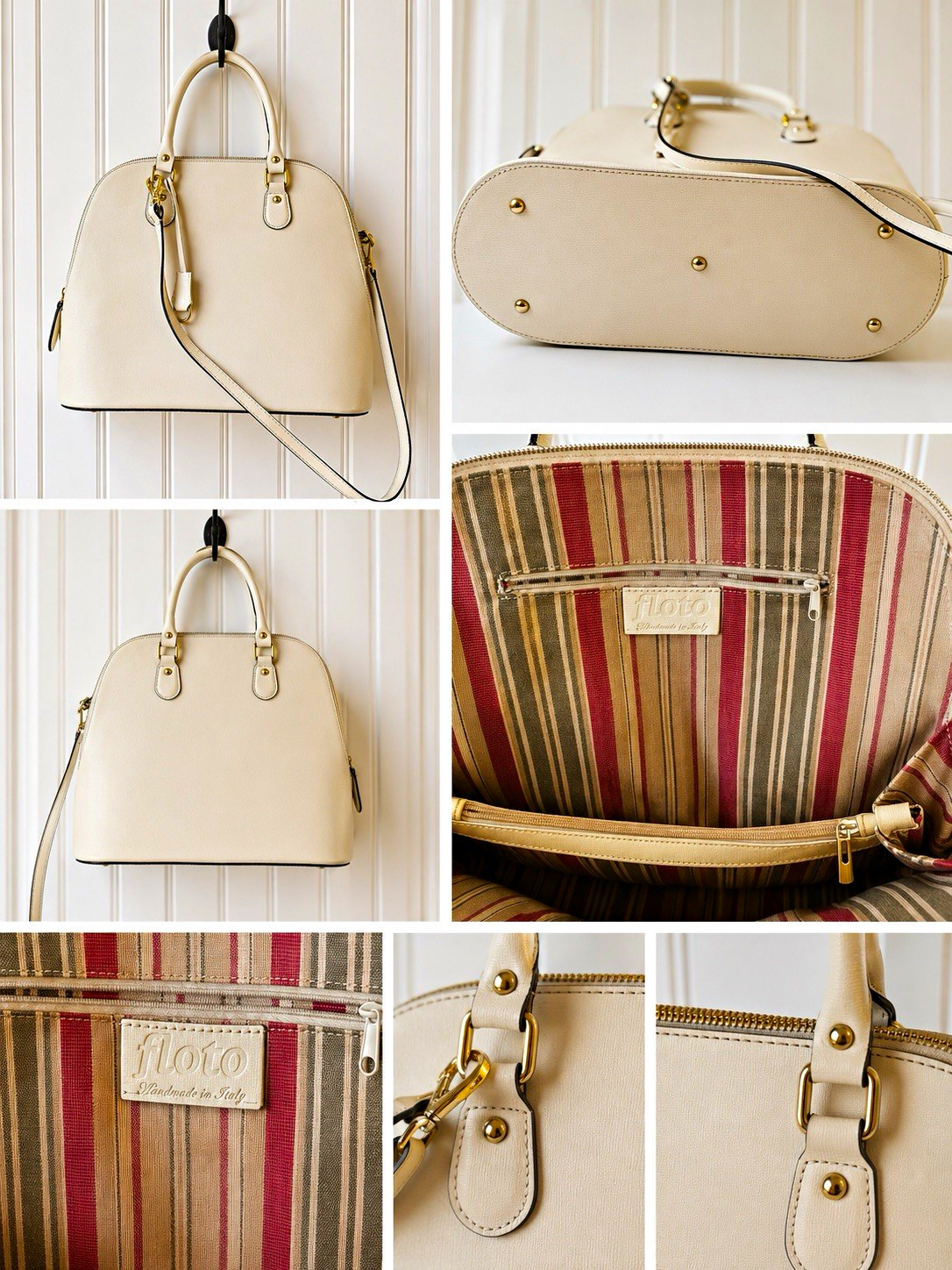 Floto Ivory Ragazza Satchel Top Handle Zip Bag w/ Detachable Strap