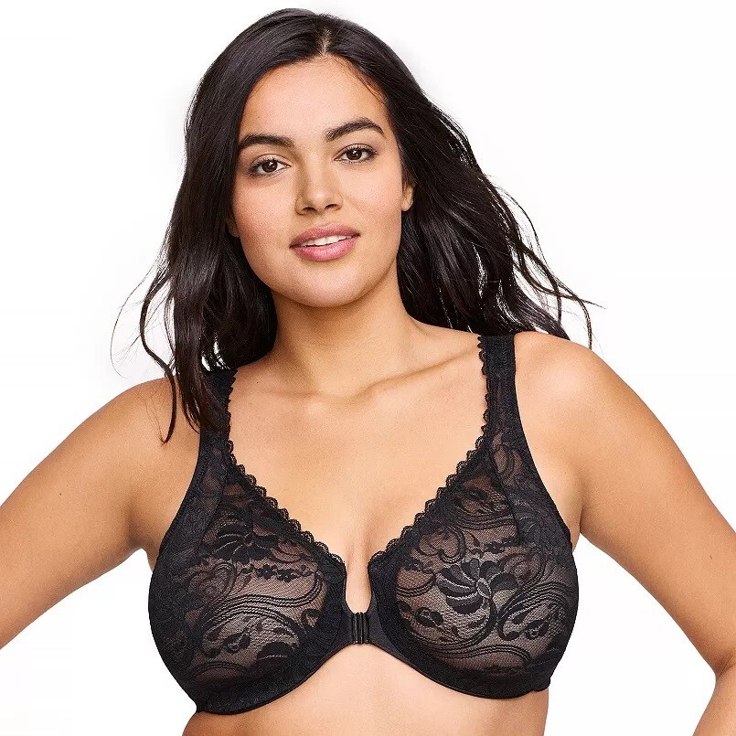 Glamorise Wonderwire Lace Front-Closure Underwire 9245 Black 44F NWT