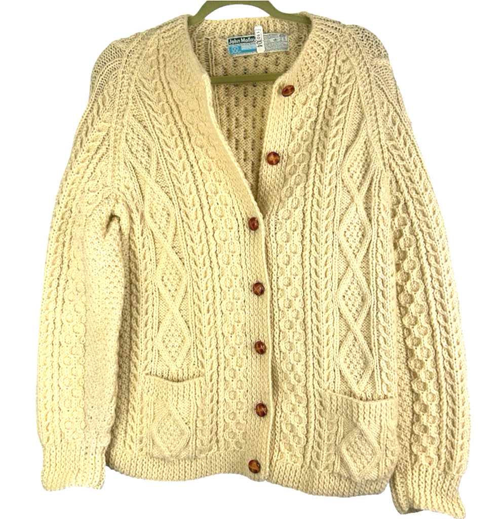 Vintage John Molloy Wool Ireland Cream White Knit Fisherman Cardigan Sweater 70s