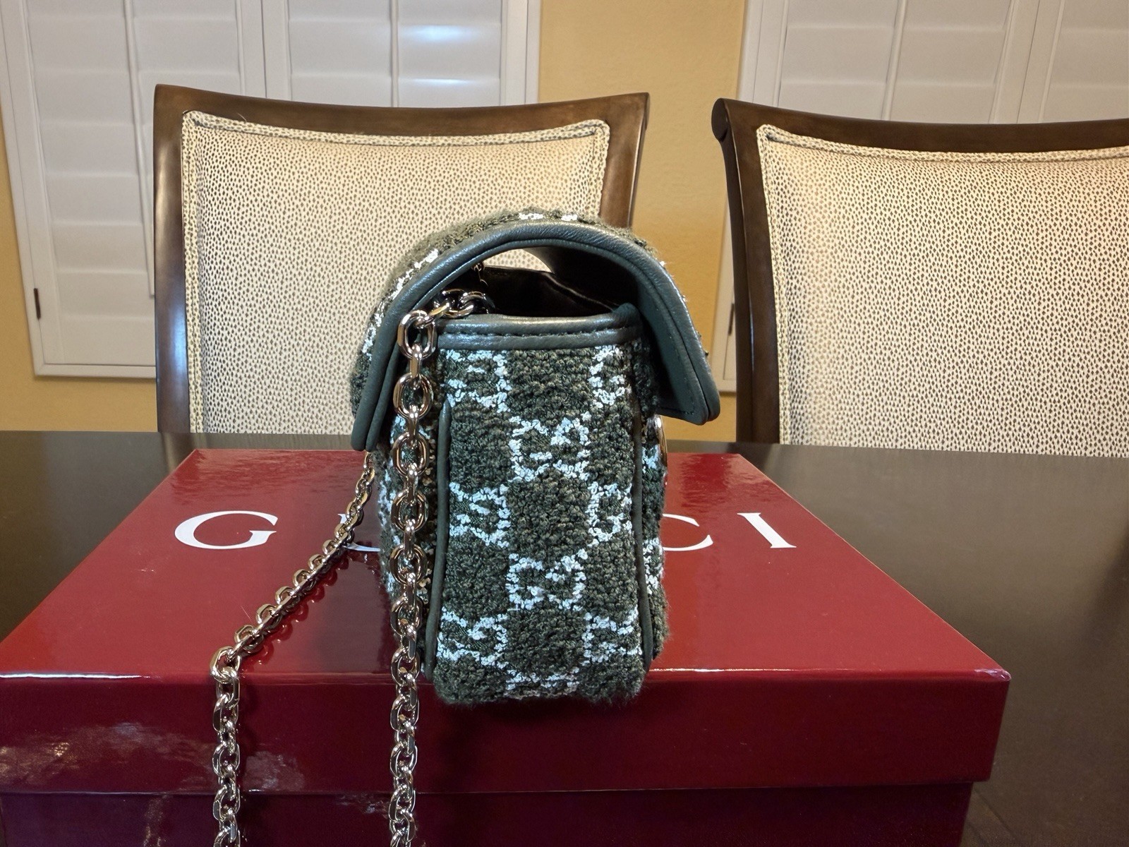 New Authentic Gucci GG Marmont Tweed Logo Shoulder Bag Mini Green