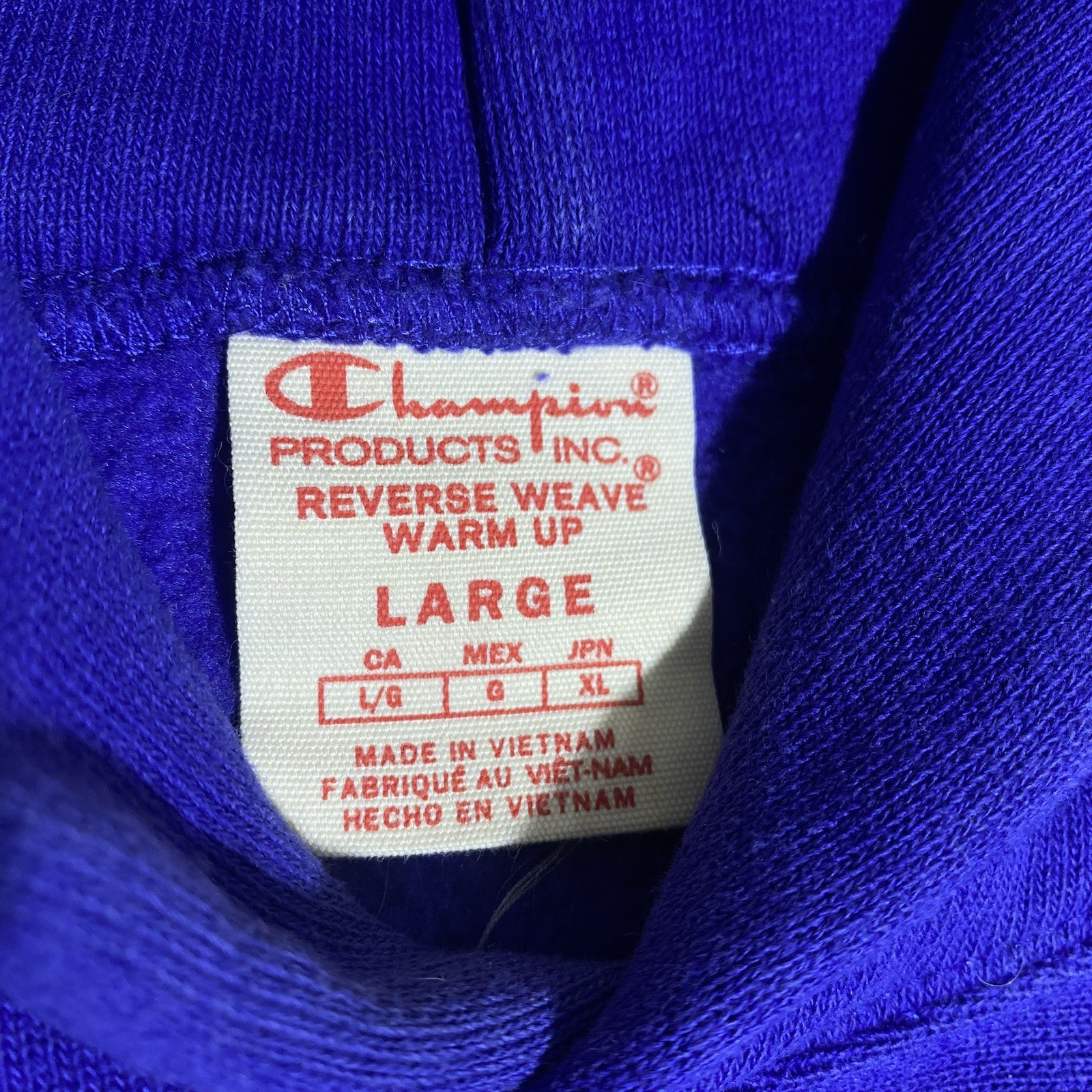 Vtg Champion Reverse Weave Large Blue Embroidered Pullover Hoodie Warm Up Script