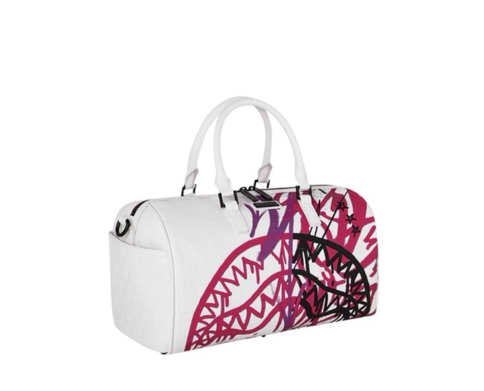 Sprayground Crash Graff Turbo Mini Duffle Graffiti Shark Zip Strap White