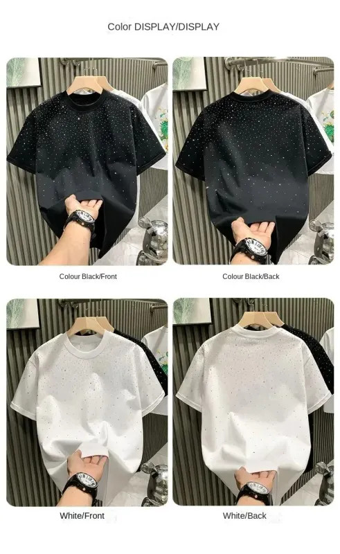 Summer Men Clothing Summer Rhinestone Rivet T-shirt Round Neck Casual T-shirt