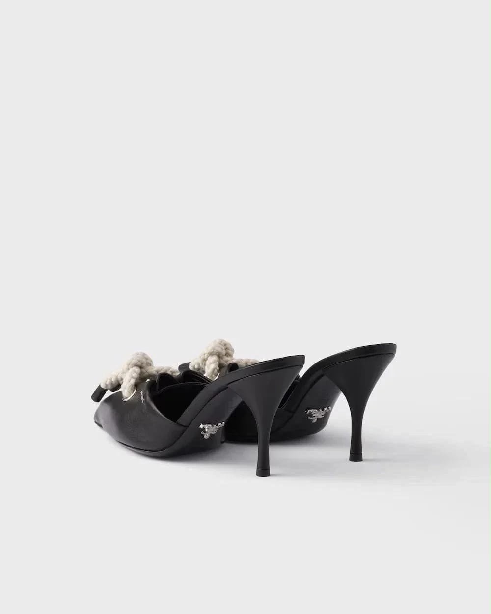 PRADA Nappa Leather Cord-Detail Heeled Mules Black Retail-1250 NEW WITH BOX