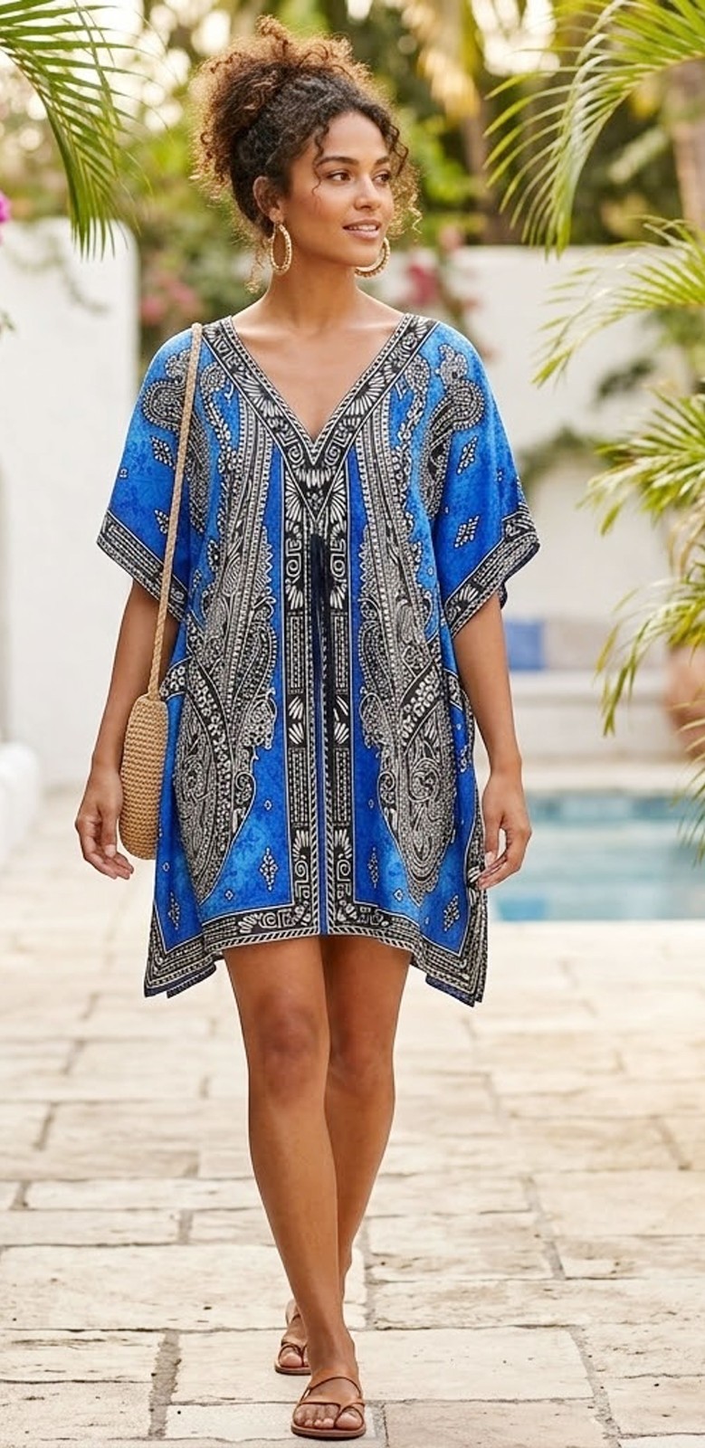 Boho Blue Paisley Kaftan Dress Women Short Polyester V-Neck Loungewear Kimono To