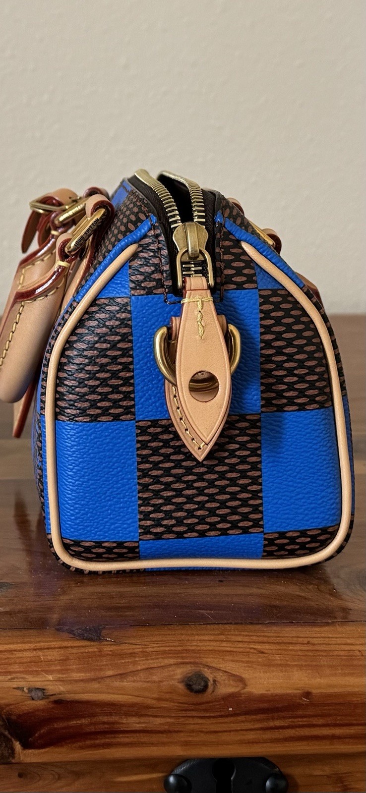 Louis Vuitton Nano Speedy Blue Brown Checkered Satchel w/ Strap, Dust Bag