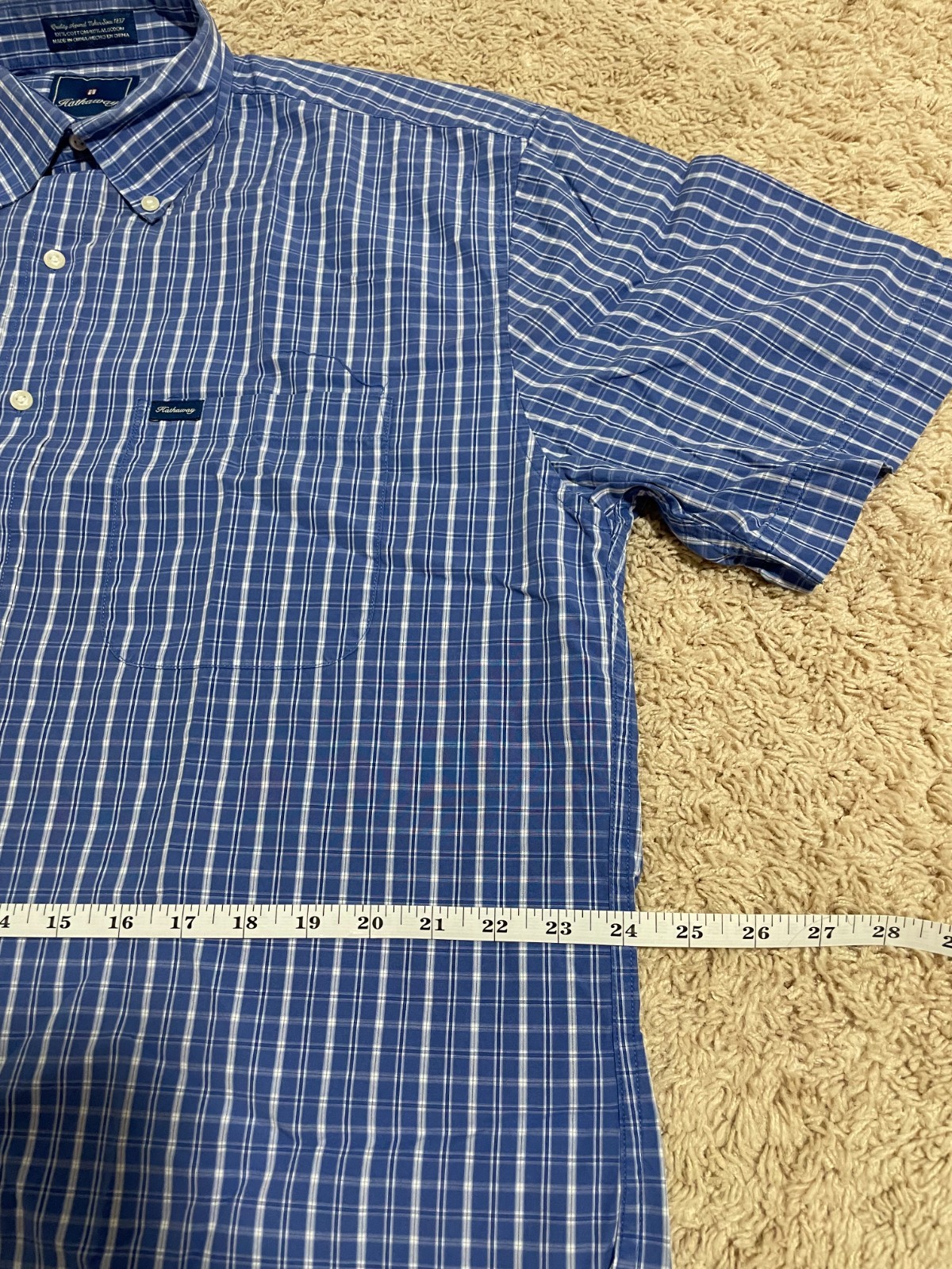 Hathaway Shirt Men’s L Short Sleeve Button Down Blue Plaid Pocket Cotton