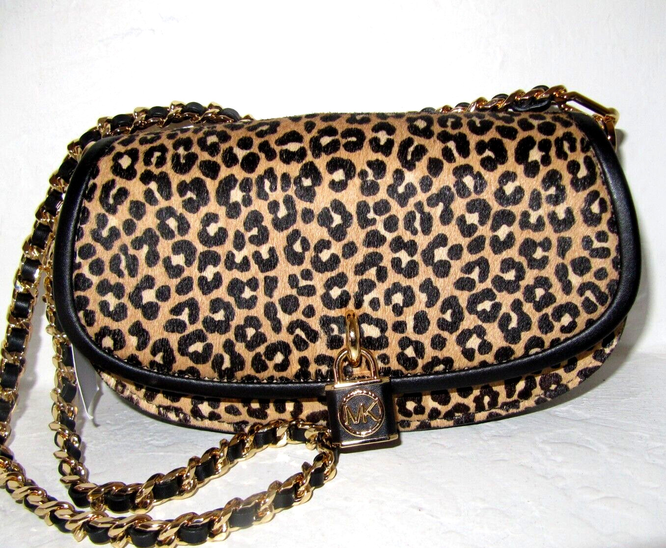 Michael Kors Mila Leopard Haircalf Small E W Chain Sling Messenger Bag NWT $328