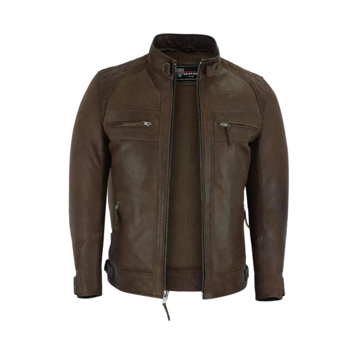 Men’s Brown Distressed Leather Jacket Biker Cafe Racer Quilted Moto Coat
