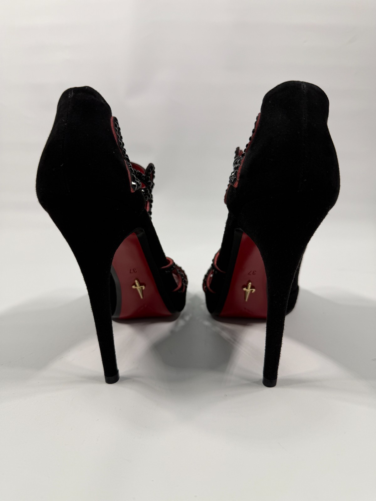 Cesare Paciotti Crystals Peep Toe Ankle Booties Black Suede Shoes Sandals 37