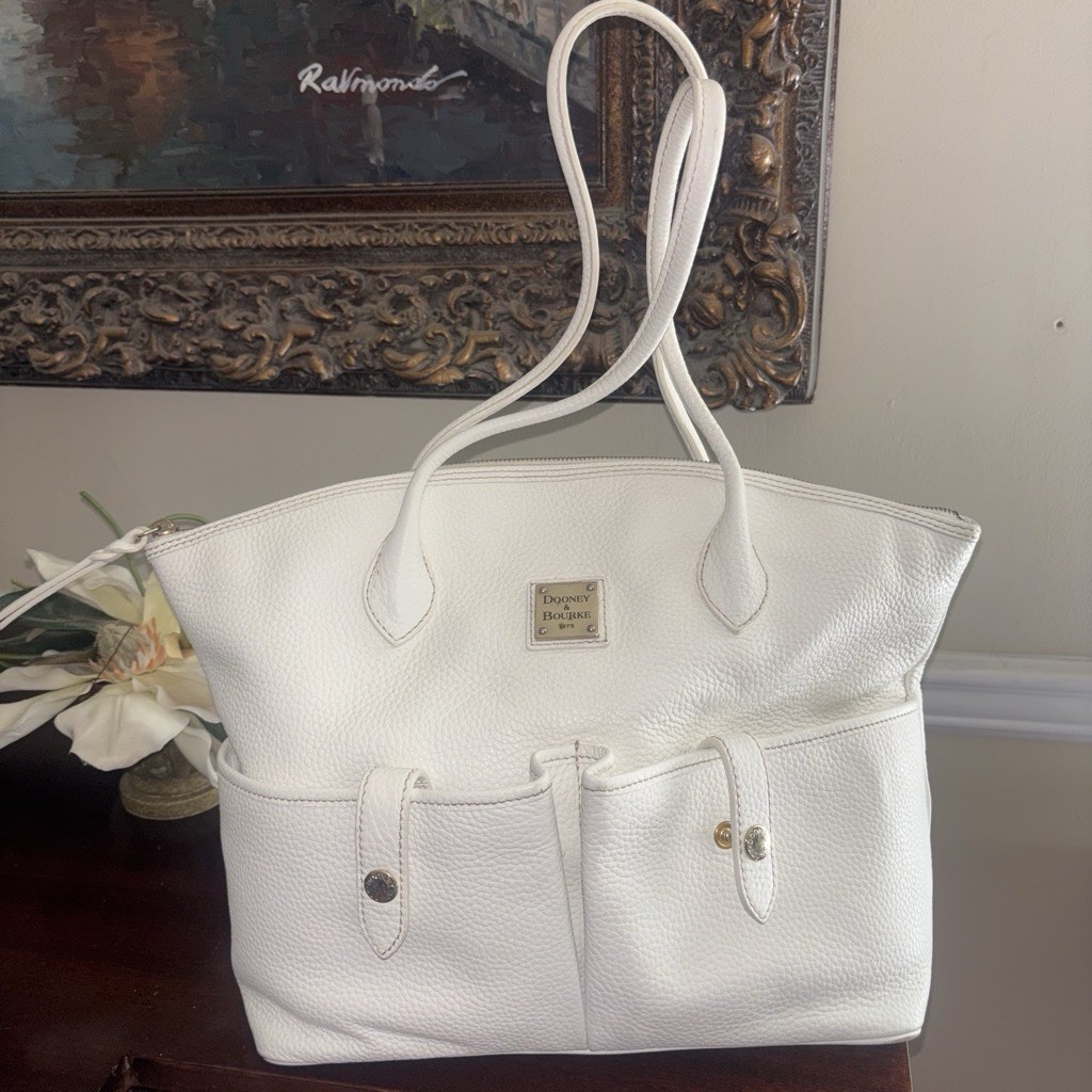 Dooney & Bourke White Pebbled Tote Zip Top Large w/ Pouch Pockets Lined