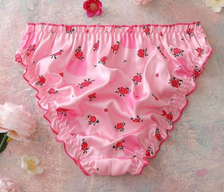 PINK SATIN SISSY PANTIES Floral Heart Print Ruffle Trim Hi Cut Brief XL
