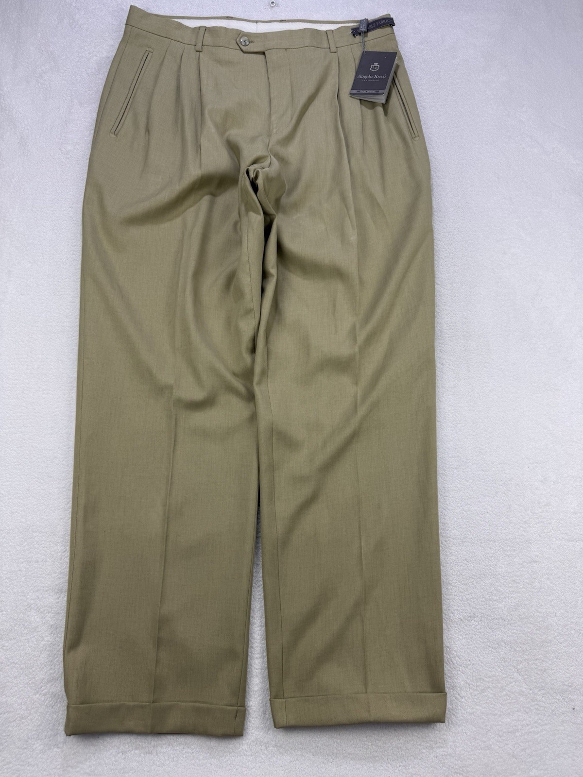 Angelo Rossi Mens 36×32 Beige Khaki Dress Pants Pleated Front Cuffed NWT
