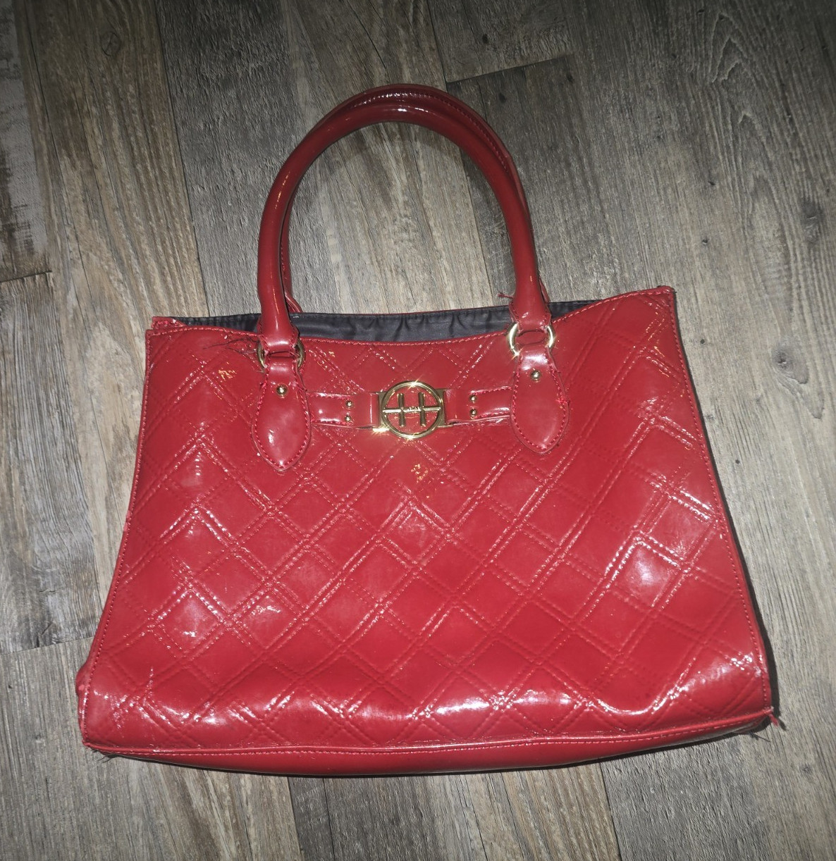 Tommy Hilfiger Red Quilted Satchel Top Handle Bag Gold Hardware Zip Lined
