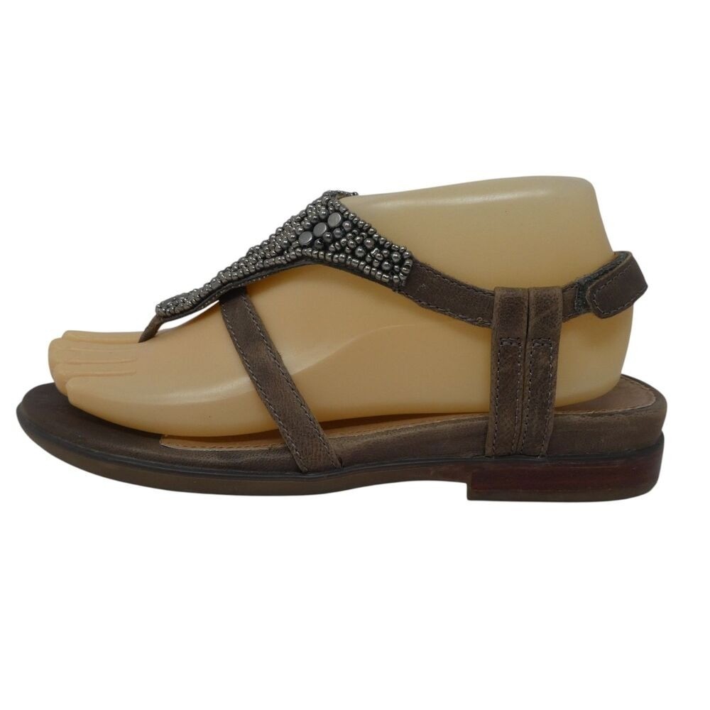 Aetrex Shiela Sandals Women 7 Black Leather Beaded T Strap Thong