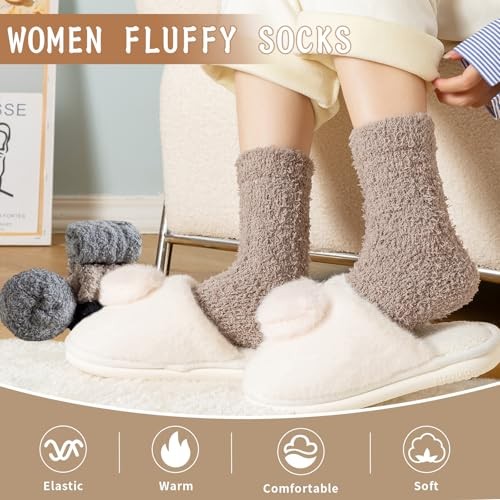 Premillow Womens Fuzzy Socks Fluffy Socks 3 Pairs Black&dark Grey& Light Brown