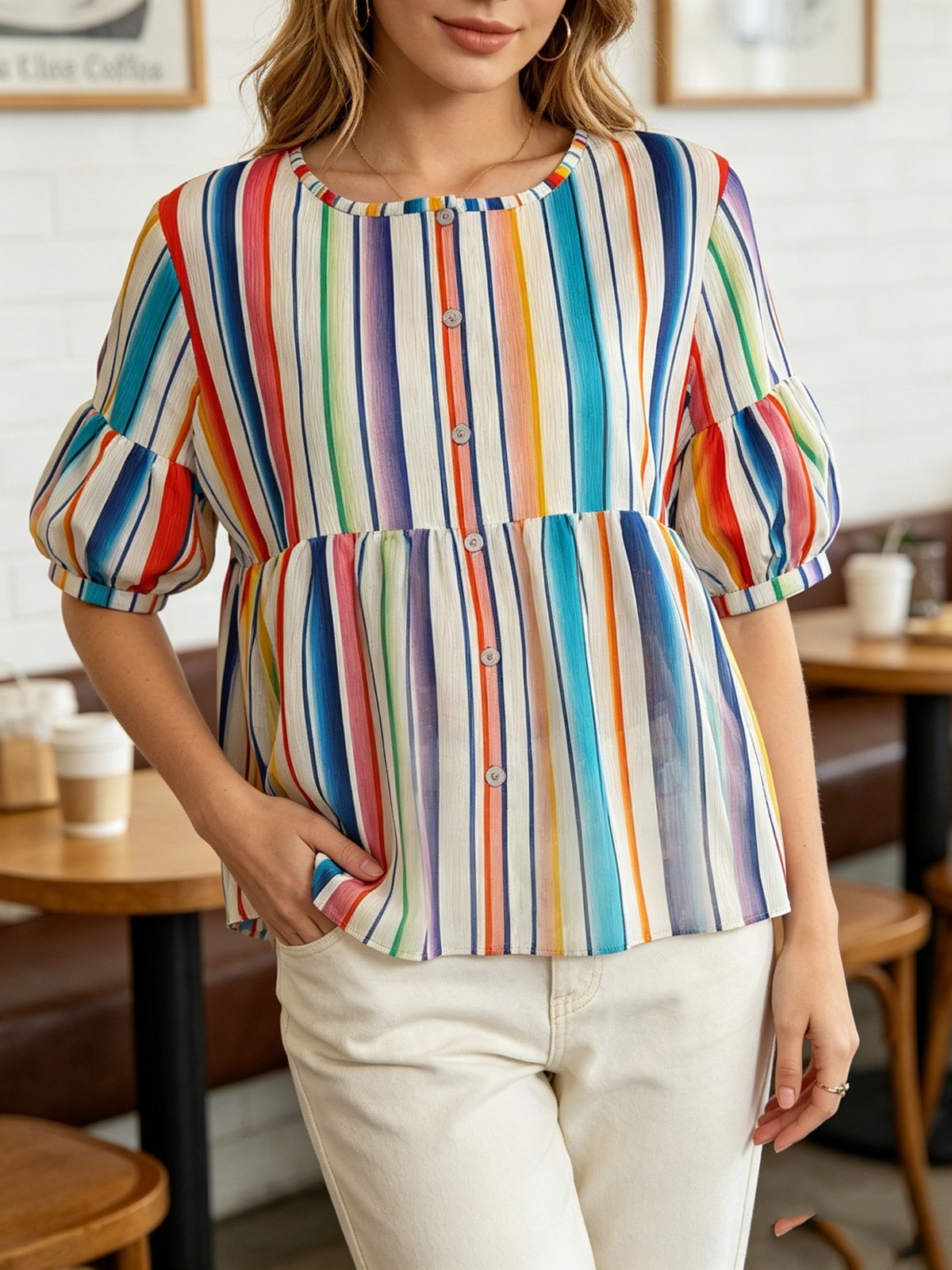 Women Light Comfort Button Front Shirt Crew Neck Short Bubble Puff Sleeve Blouse