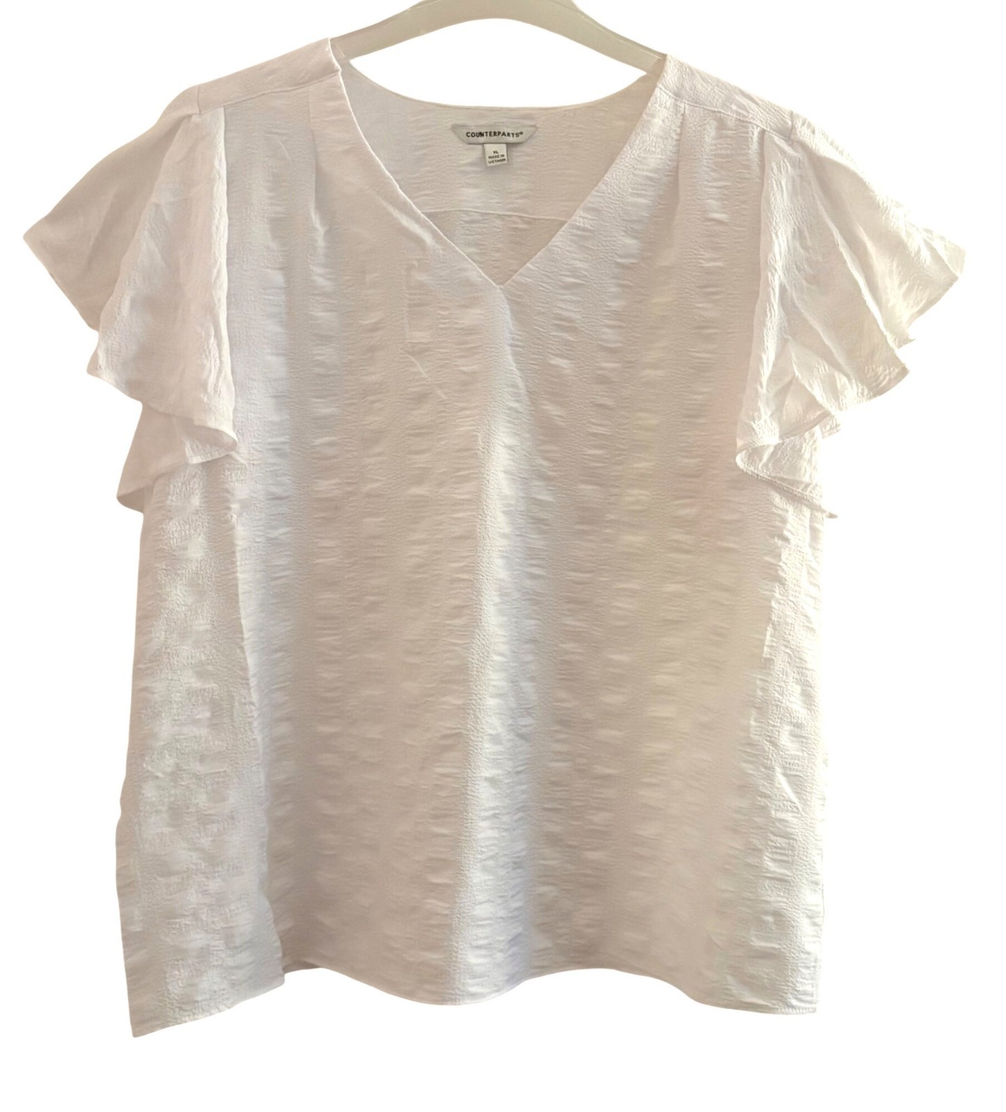 Counterparts White Textured V-Neck Top Blouse Flutter Sleeves XL Peasant Beach