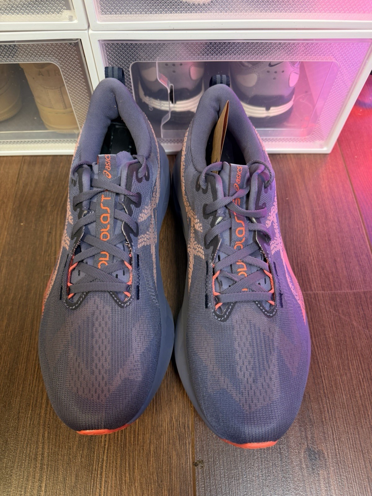 Size 10.5 – ASICS Novablast 5 Greyish Purple Coral Reef W