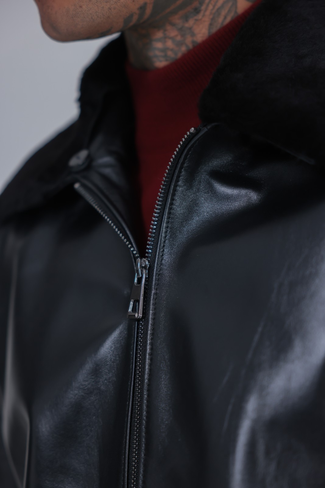 Men’s Genuine Leather Jacket Black Fur Collar Zip Moto Biker Coat 26″ – 65cm
