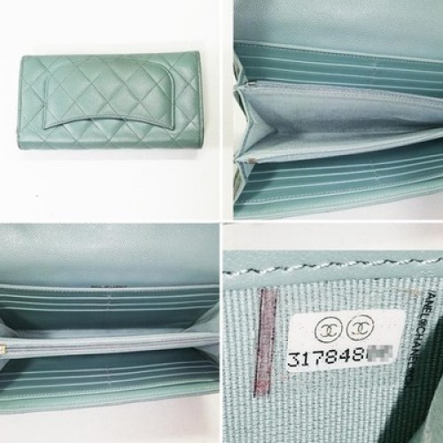 CHANEL Caviar Skin Green Leather Matelasse Long Wallet with Chain Strap