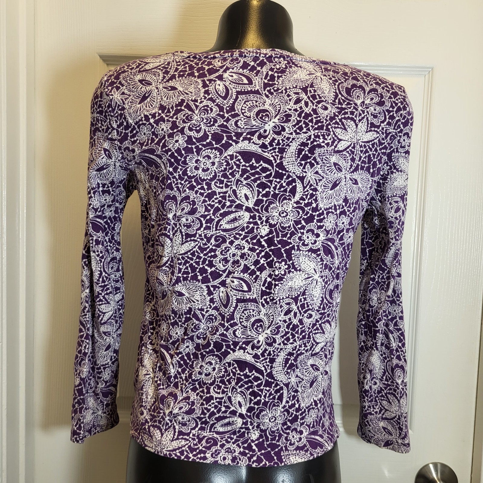Charter Club 100% Pima Cotton Long Sleeve Purple/White Design Top Sz Petite/S