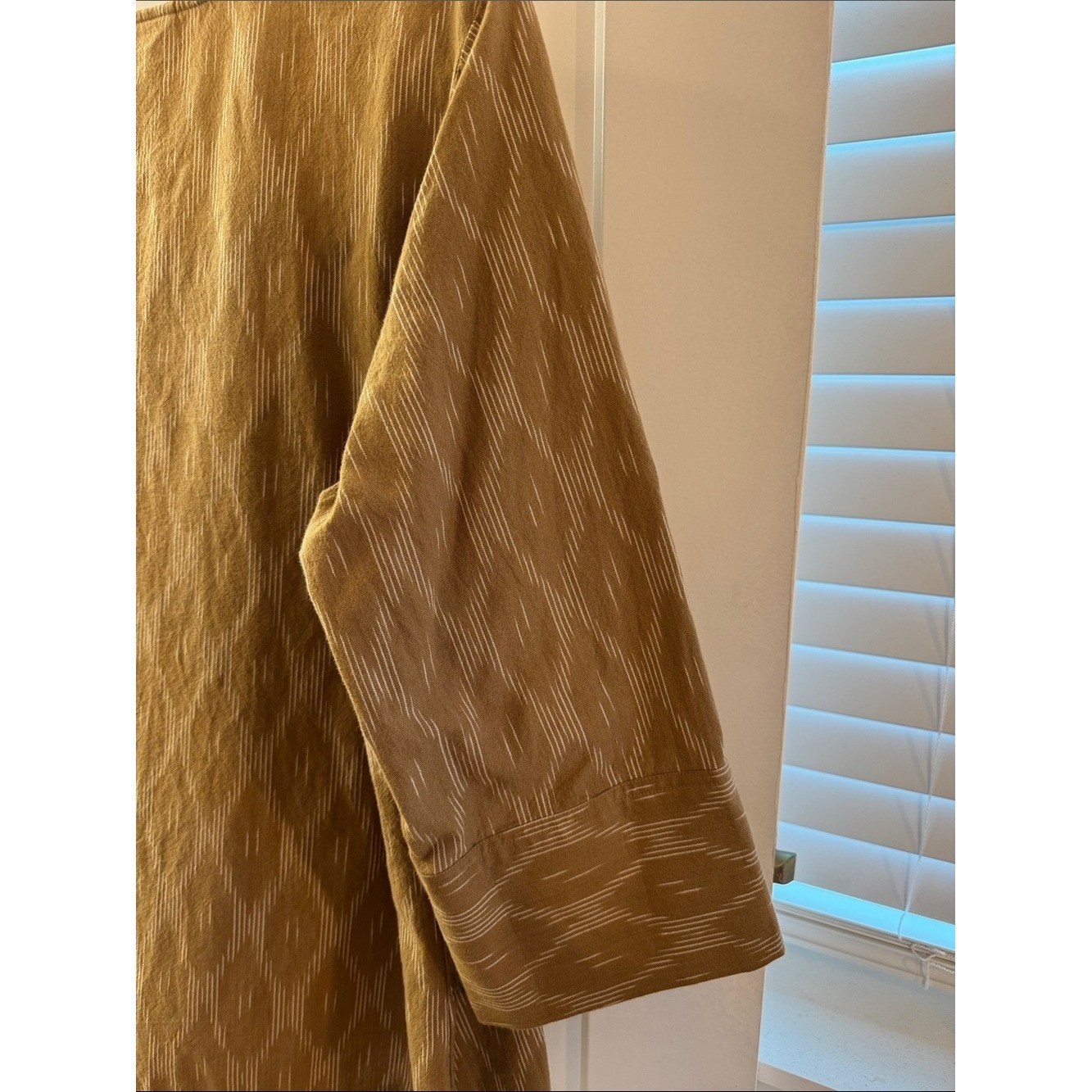 Ikat-Print Olive Split-Neck Relaxed Pullover Tunic with Button