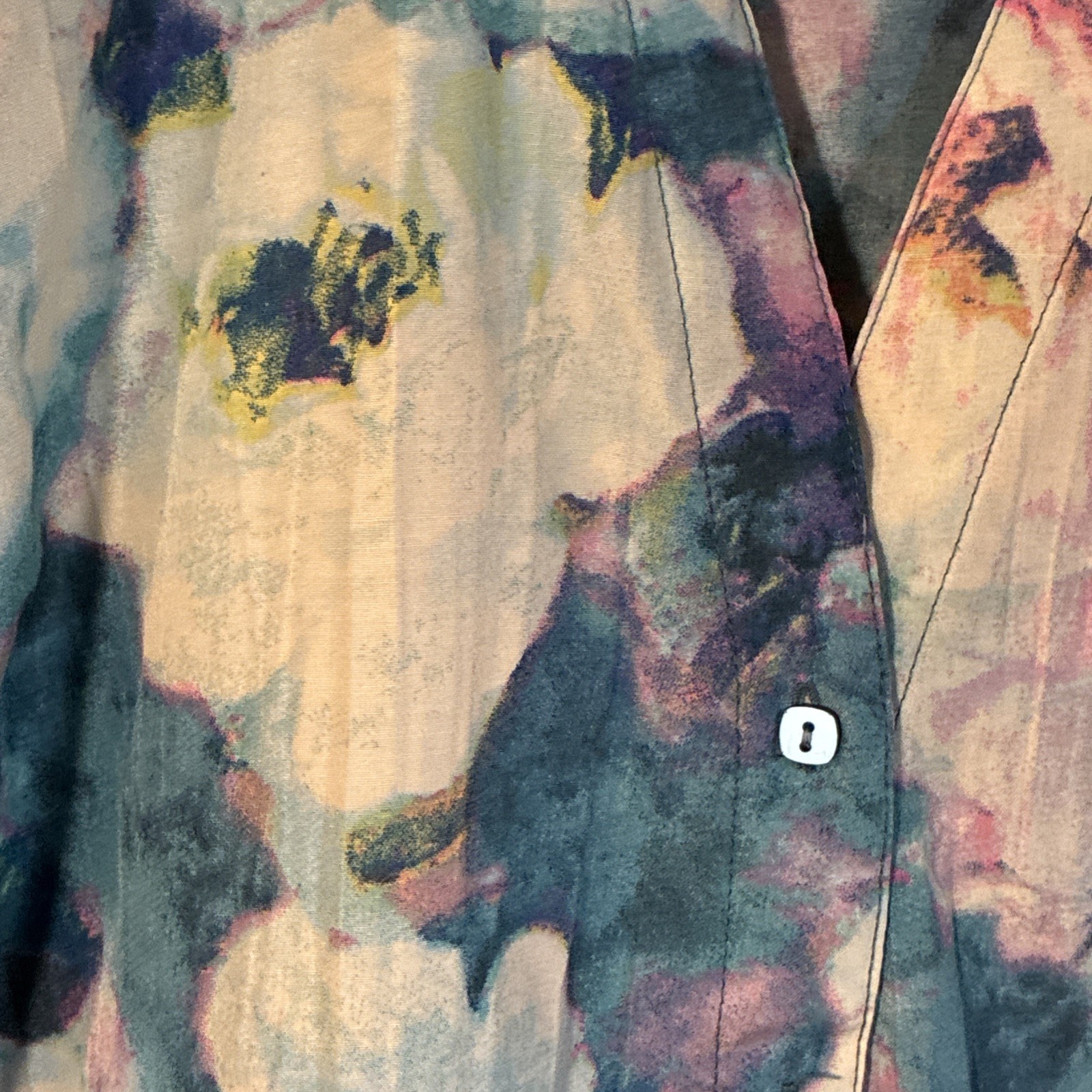 Lemon Grass Water Lily Print Blouse Sz L Mandarin Collar Coastal Grandma Summer