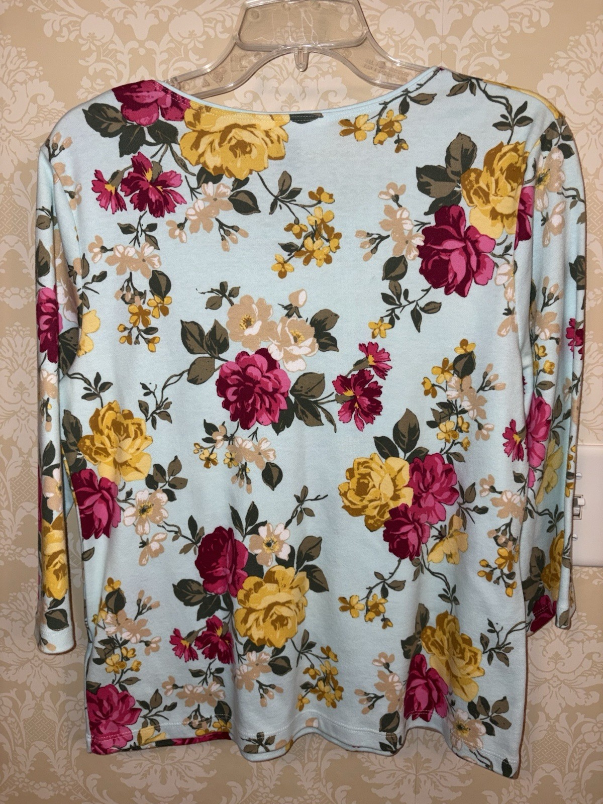 Karen Scott Petites PL Yellow Navy Mint Roses Floral Knit 3/4 Sleeve Tops 2 pcs