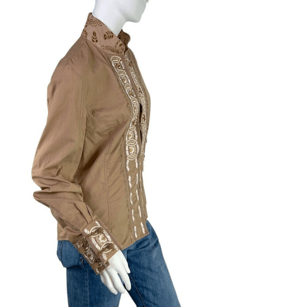 Roberto Cavalli Place Tan Floral Beaned Embroidered Shirt w/ Mandarin Collar 12