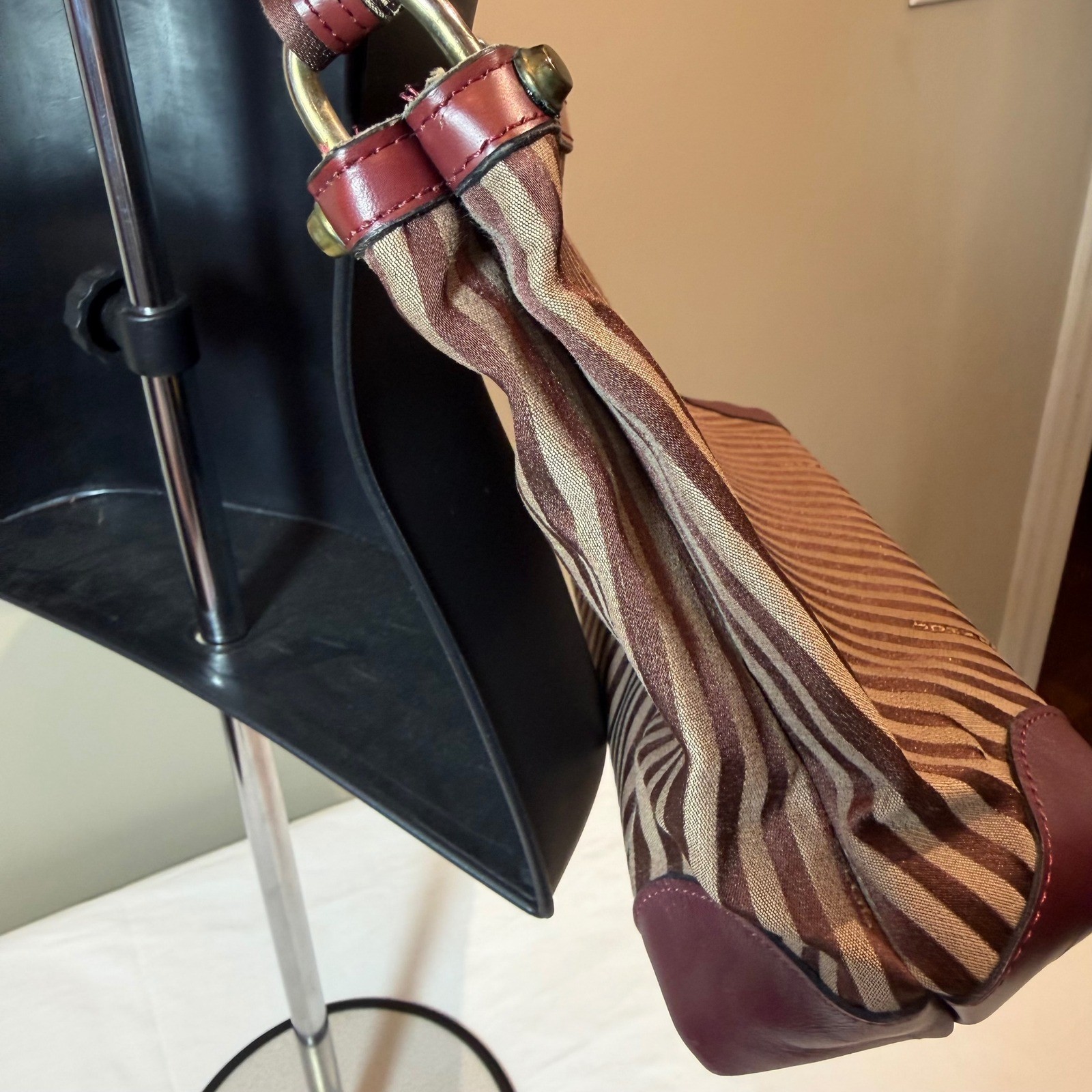 Vintage John Romain Striped Crossbody Bag Brown Burgundy Leather Trim Lion Crest