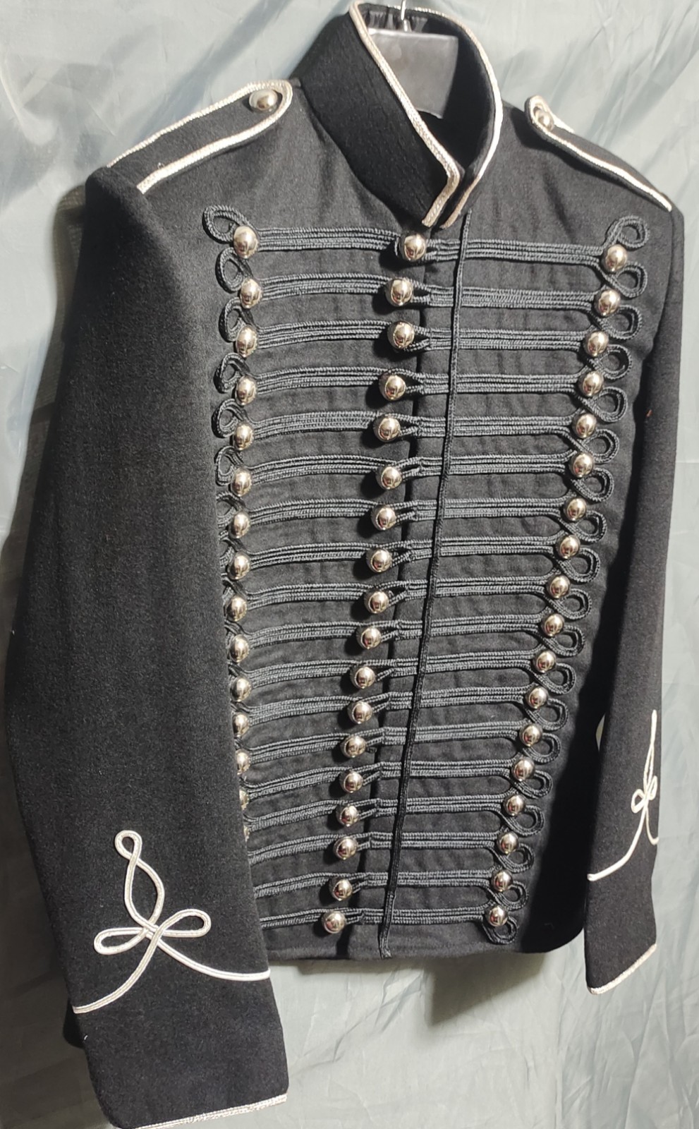 Men’s Black Hussar Jacket Silver Braided Napoleonic Military Gothic Drummer Coat