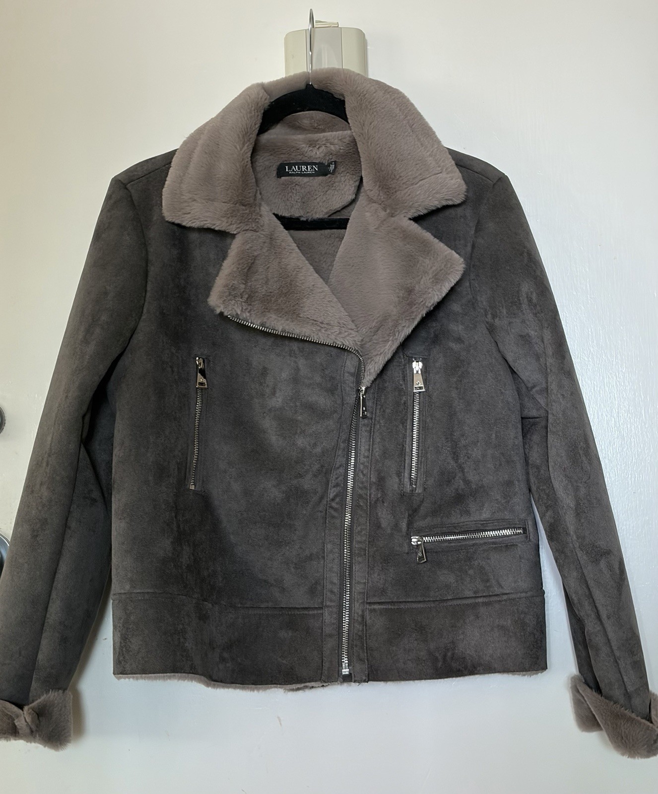 LAUREN womens ralph lauren faux Suede shearling moto jacket gray sz M NWOT
