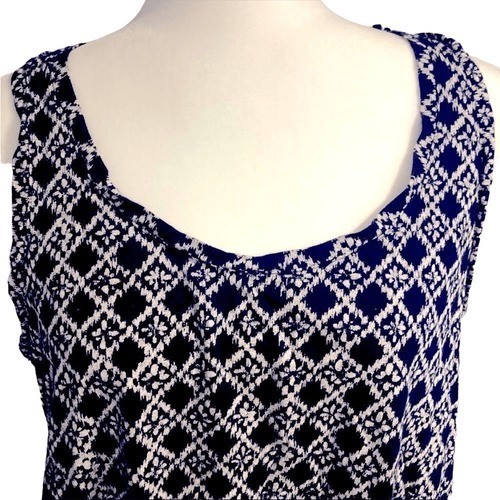 Ann Taylor Loft Navy 100% Cotton Argyle Crochet Accent Tank Top SZ L EUC