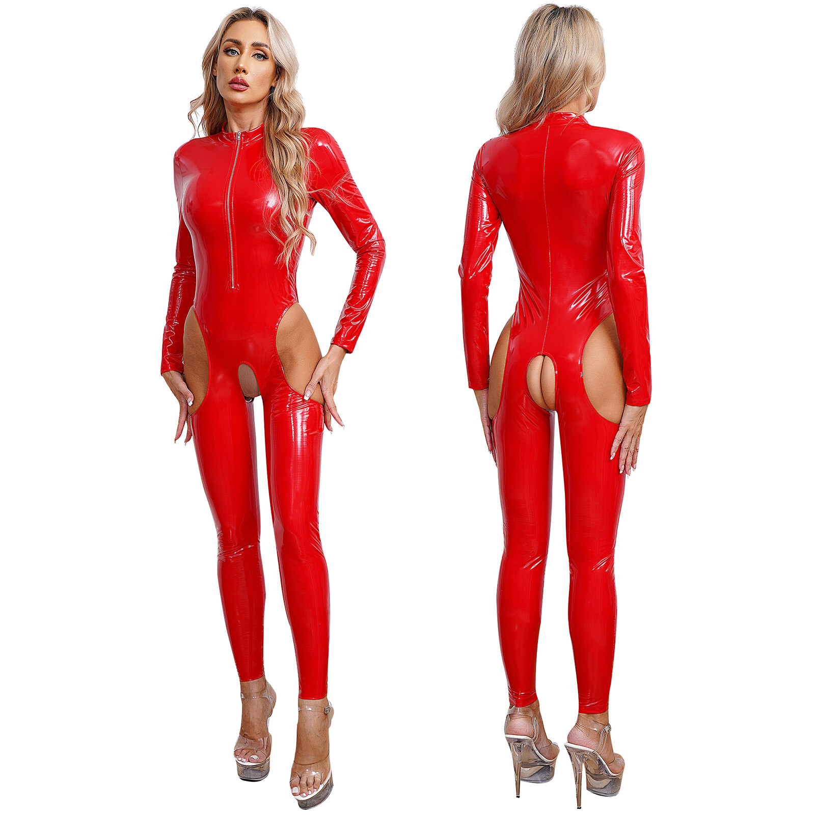 Women’s Rompers PVC Catsuit Zipper Bodysuit Crotchless Jumpsuit Workout Shiny