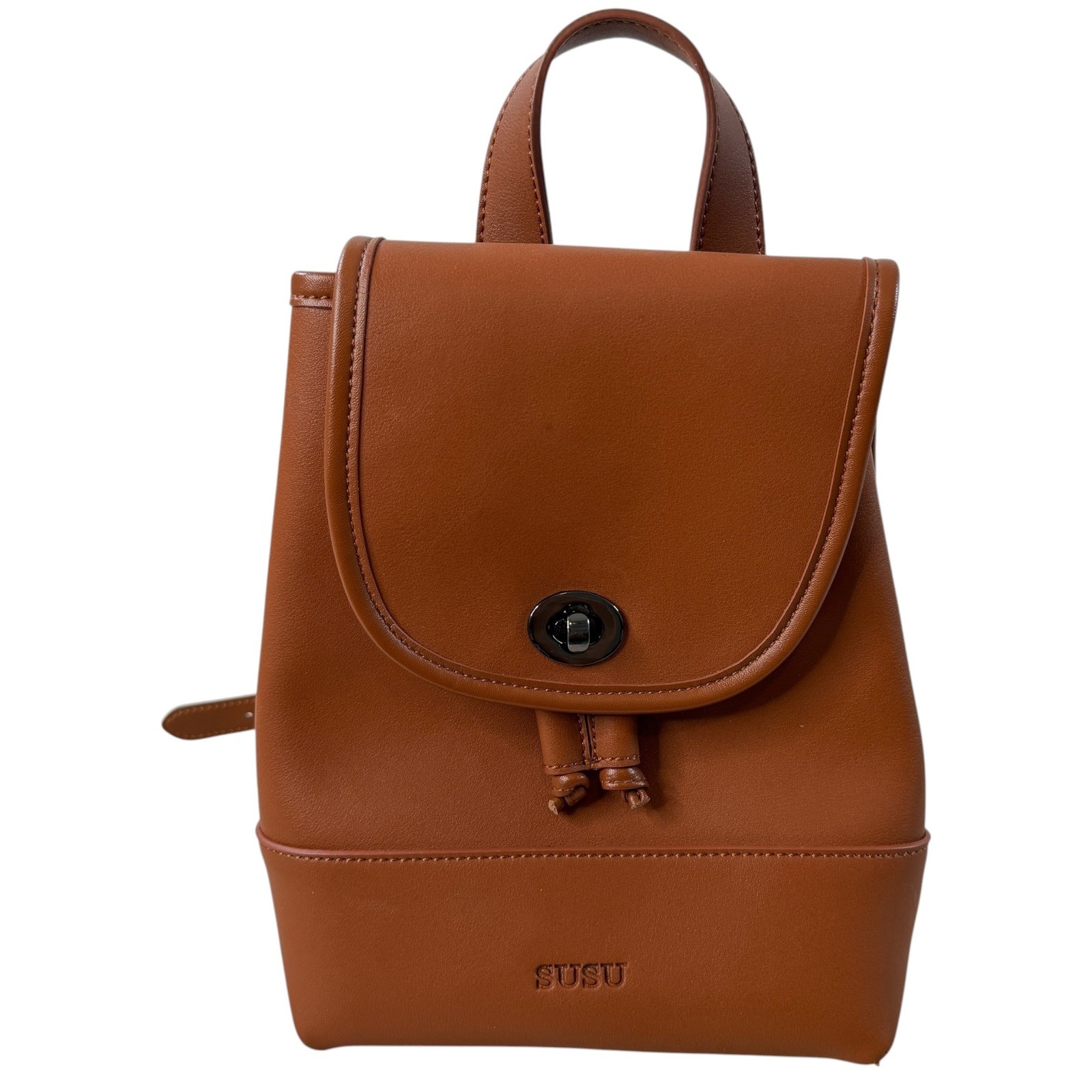 SUSU Nicole Cognac Brown Leather Mini Backpack Turn Lock Small
