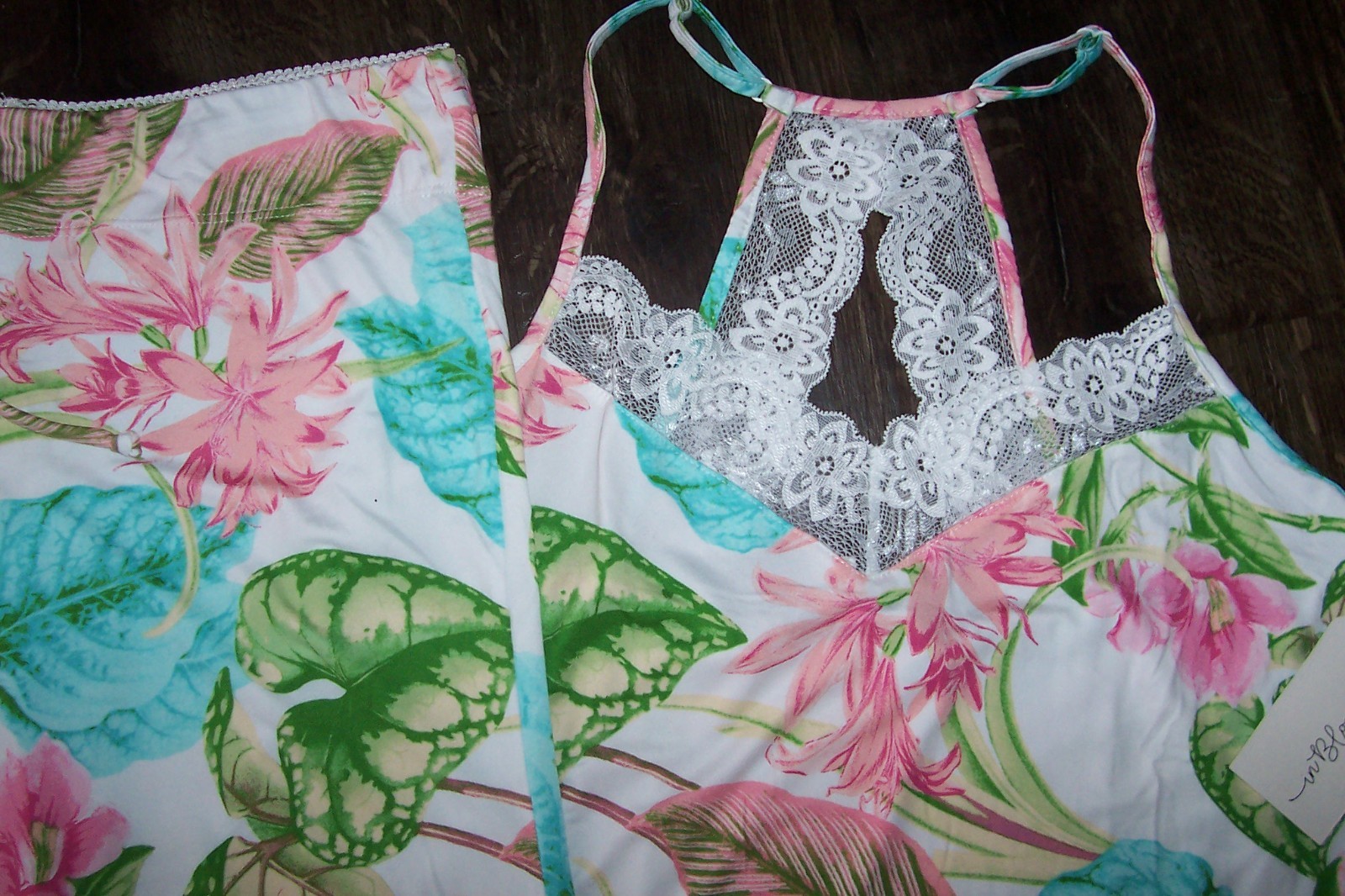 NWT In Bloom by Jonquil IVORY/GREEN/PINK/BLUE TROPICAL FLORAL Knit Pajama Set L