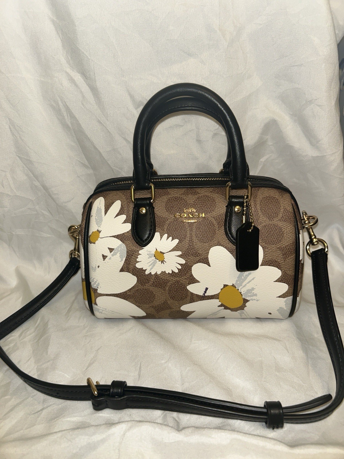 Coach Rowan Signature Daisy Print Mini Satchel Top Handle Crossbody Zip Brown