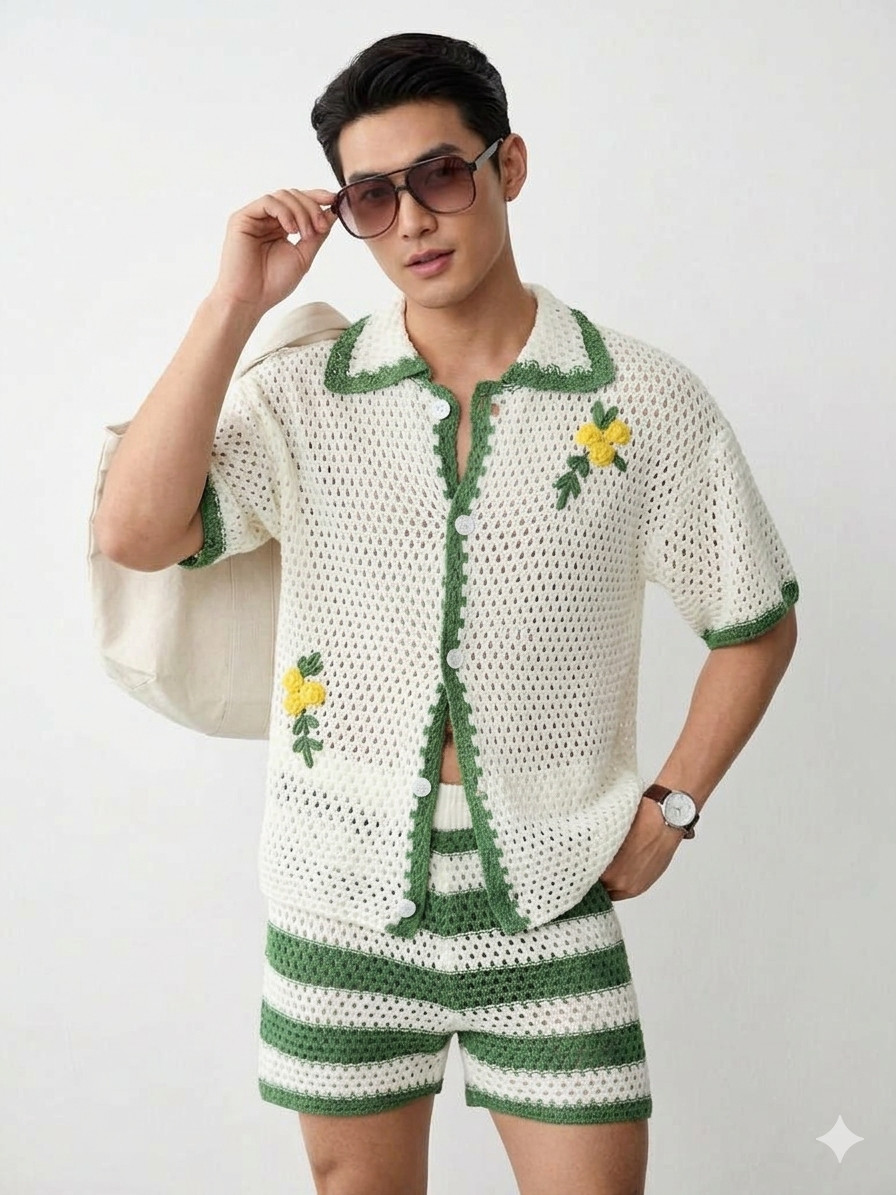 Handmade Resort Crochet Co-Ord Set Vintage Summer and Striped Matching Shorts