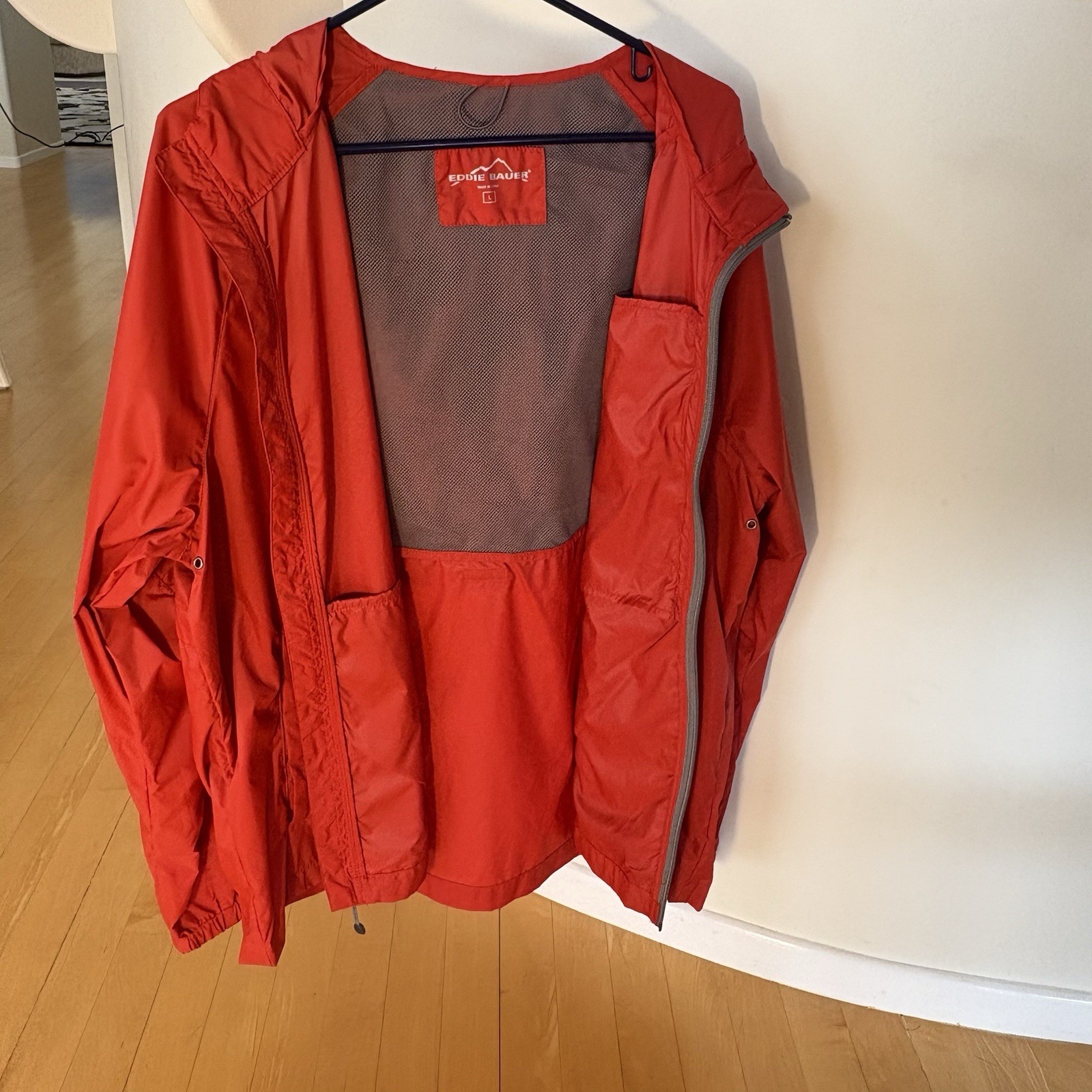 Eddie Bauer Hooded Windbreaker Jacket Large Orange Hiking Casual