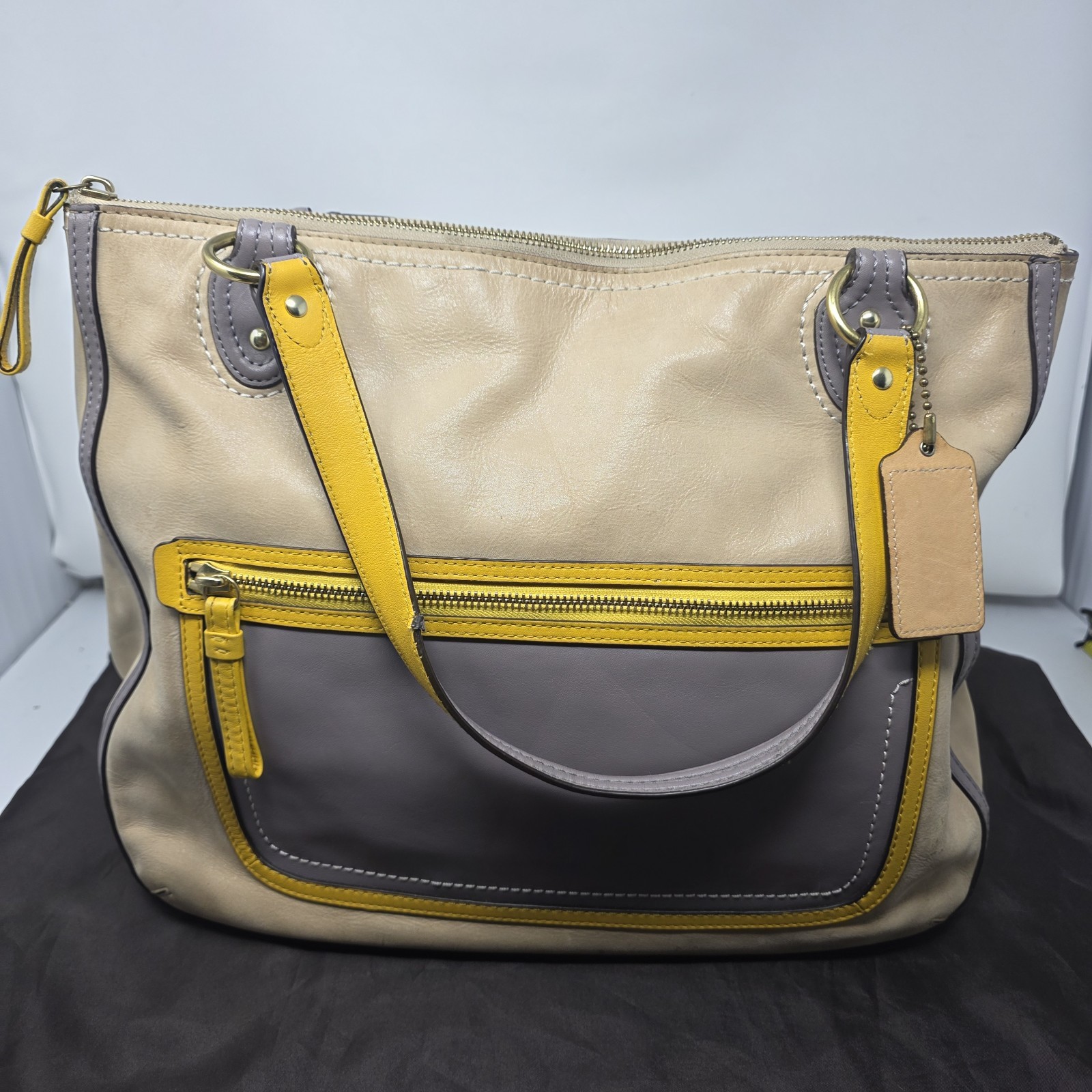 Coach Poppy Color Block Hallie Tote 22430 yellow gray beige
