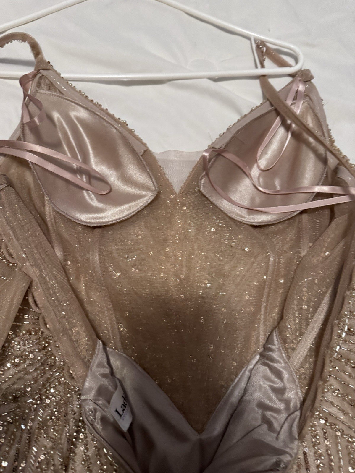 Ladivine by Cinderella Divine Champagne Beaded Sequin Mesh Gown Dress Size 12P