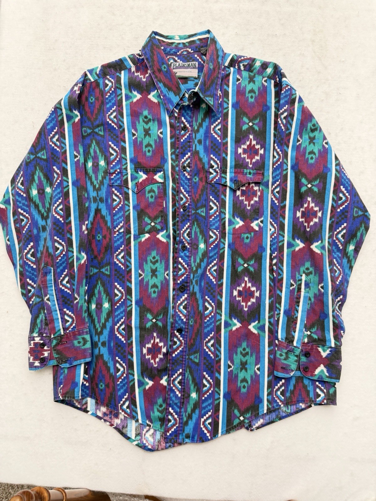 Vintage Plainsman Shirt Mens XL 17-17.5 Aztec Western Canvas Brushpopper Tall