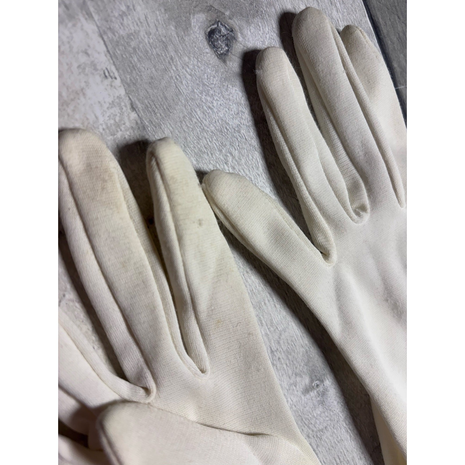 Vintage Ivory Gloves Nylon? Adult Small? Rouched Mid Elbow Mid Century 1950-60s