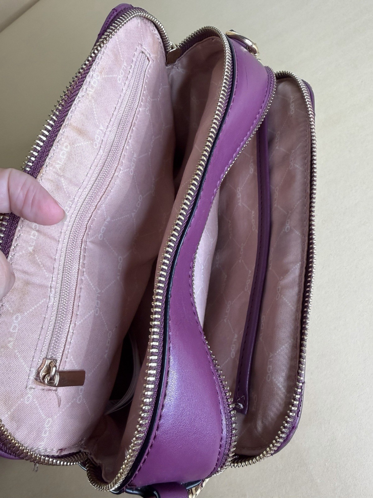 ALDO Purple Quilted Crossbody Bag Double Zip Tassel Gold Tone Hardware