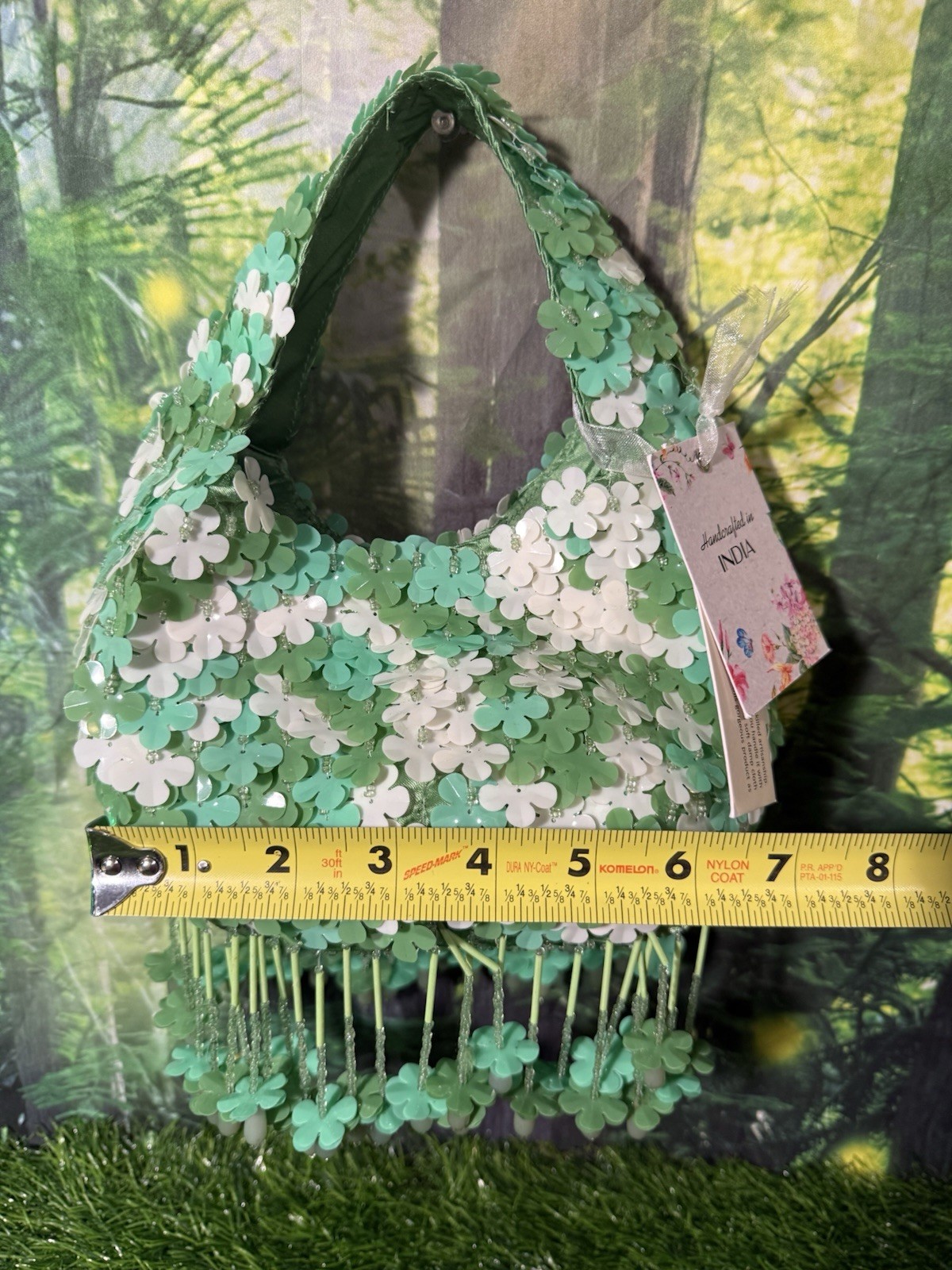 Handcrafted In India Green And White Beaded Shoulder Bag NWT