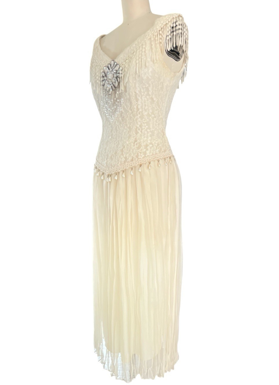 Y2K 90s Lace Midi Dress Sheer Pleated Pearl Beaded Fringe Cottagecore Bridal