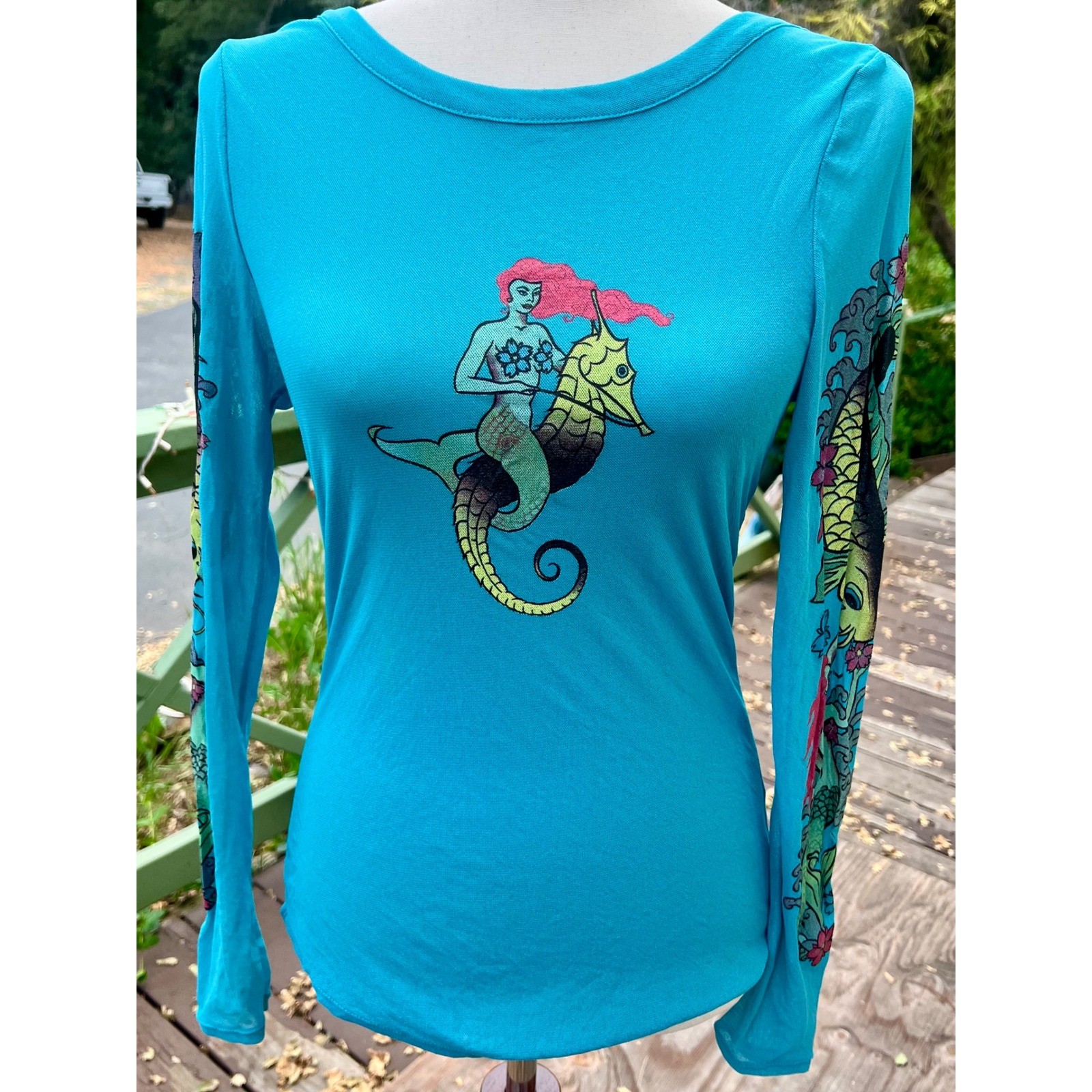 Thalia Sodi M Fantasy Turquoise Mesh Mermaid Seahorse Koi Tattoo Graphic Top