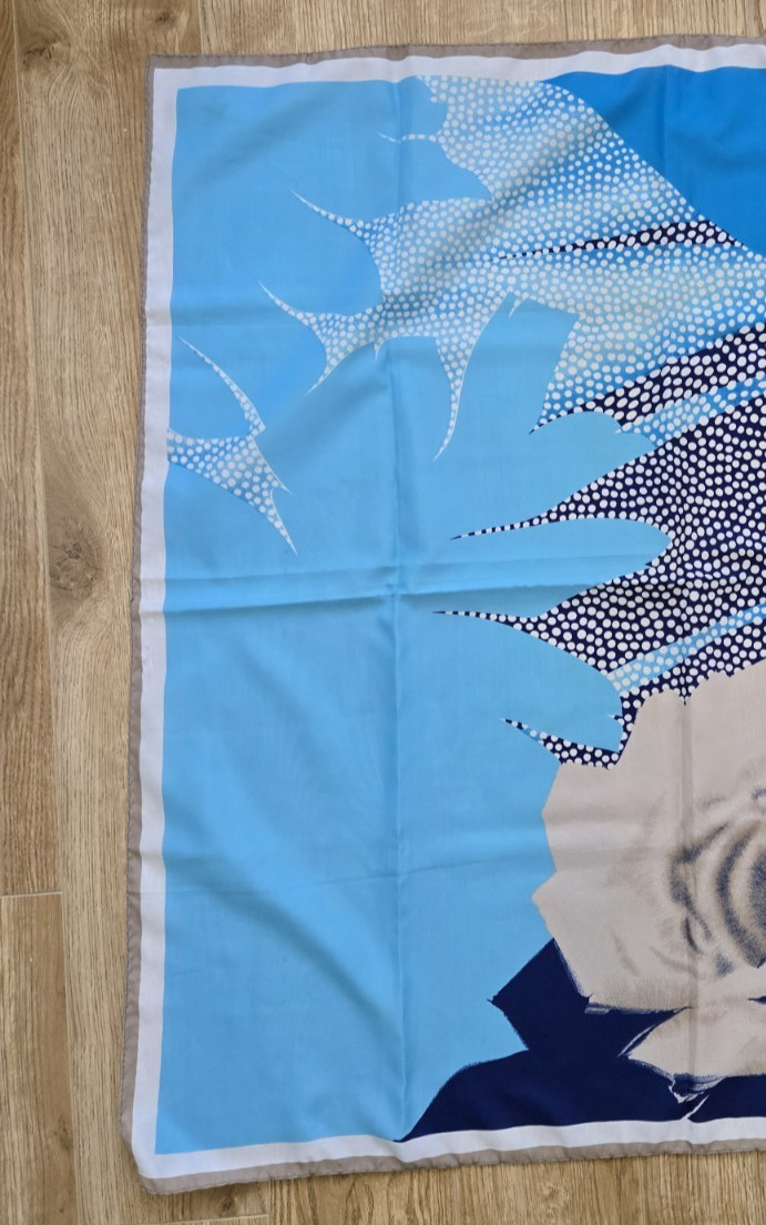 Vintage LEONARDI Silk Scarf in Shades of Blue + Tan. 31.5 inches x 31.5 inches